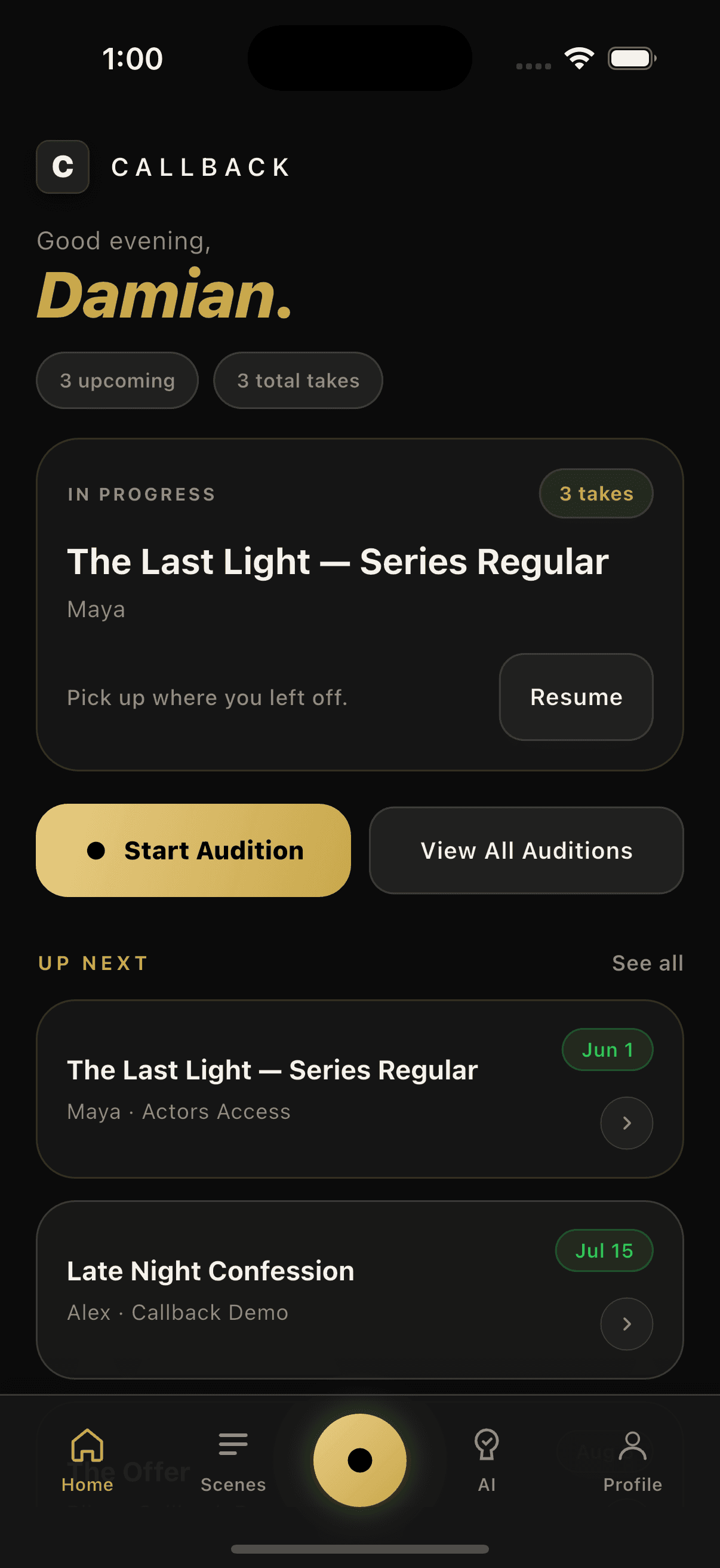 Callback iOS app — home screen
